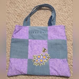 Patchwork Tote Bag with Purple and Denim Design